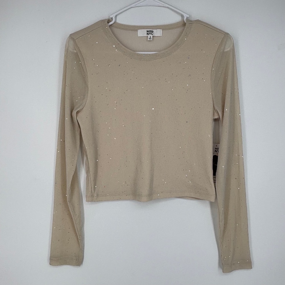 Madden NYC Womens Small 4 6 Cropped Crewneck Top Sparkle Light Beige Long Slv